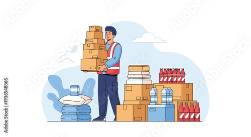 Delivery man carrying a stack of cardboard boxes in a warehouse setting surrounded by various food and beverage supplies.