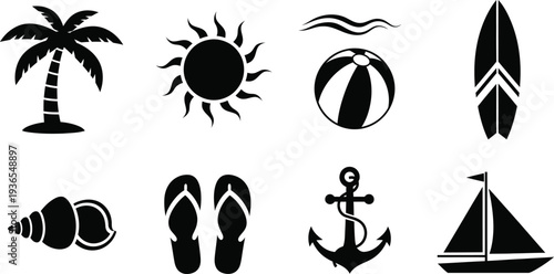 Summer beach and nautical icons set illustration. Black silhouette vector collection for travel and vacation design elements.