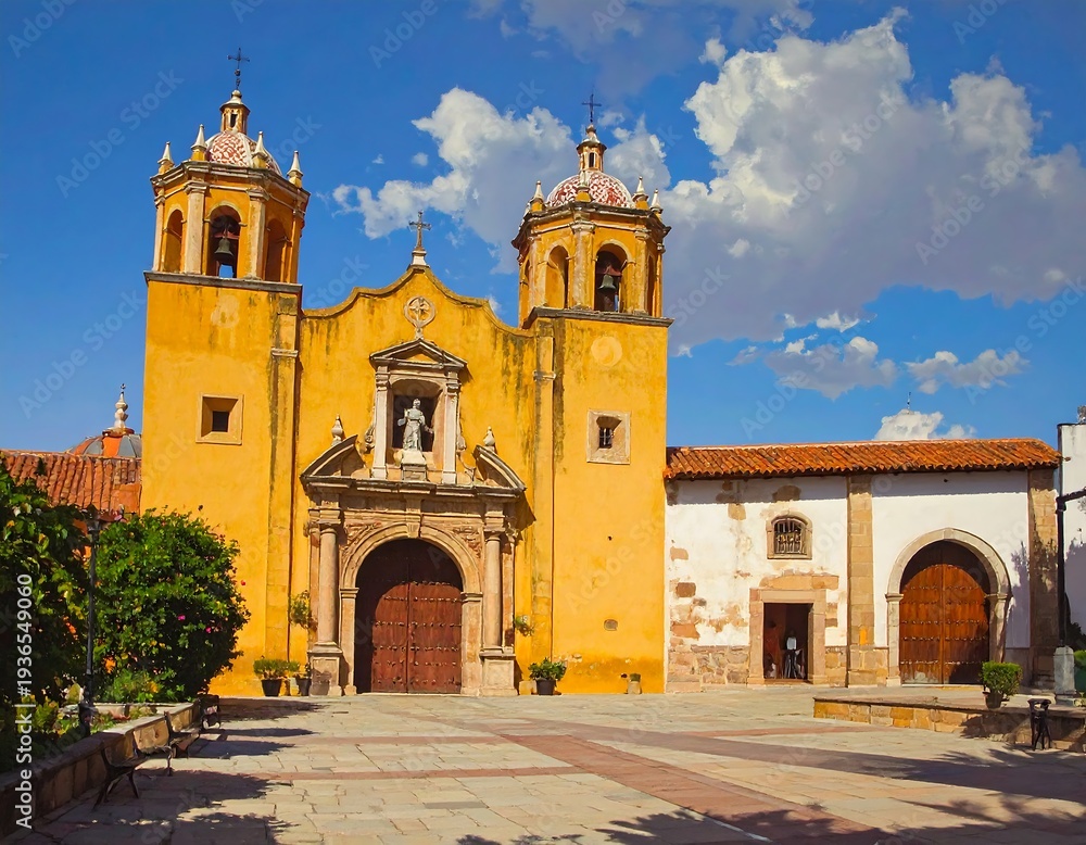 Fototapeta premium A large yellow church with two towers and a courtyard