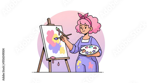 Young artist creating colorful painting on canvas with brush