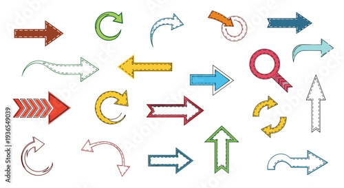 Collection of various colorful arrows in different shapes and styles including curved, straight, and circular designs for navigation.