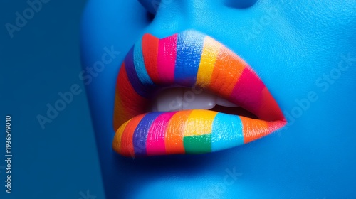 Wallpaper Mural Surreal silliness, Emotional connection, Minimal advertising composition. Enormous Rainbow Lipstick Artwork Against Vibrant Blue Background Torontodigital.ca