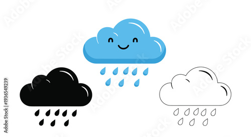 Set of three rain cloud icons featuring a happy blue face, a solid black silhouette, and a simple black line drawing.
