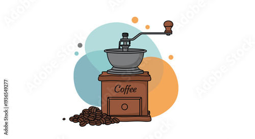 Vintage style manual coffee grinder with a pile of roasted coffee beans on a colorful abstract background.