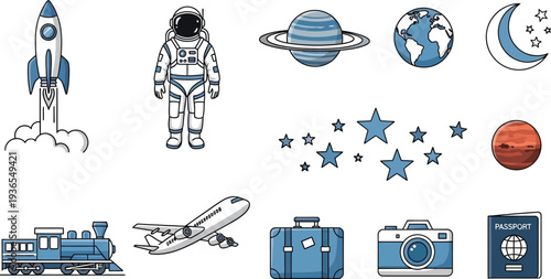 Space exploration and travel icons set. Cartoon style vector illustration for design projects, including rocket, astronaut, planets, train, airplane, and passport.