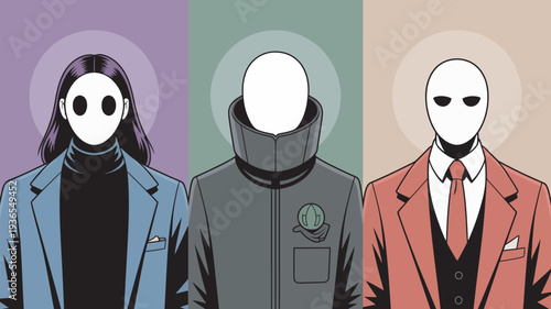 Three faceless people in different colored suits and jackets with a mysterious and uniform appearance