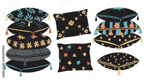 Collection of stylish decorative pillows with various patterns like leaves, flowers, and stars in black, gold, and blue colors.