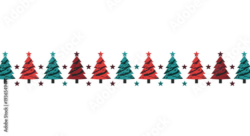 Decorative horizontal border made of alternating red and teal Christmas trees with small stars on a white background.