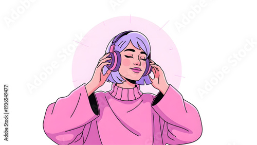 Woman enjoying music with headphones on, feeling relaxed and happy