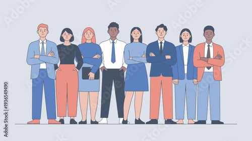 A diverse group of business professionals standing together in a confident and united manner