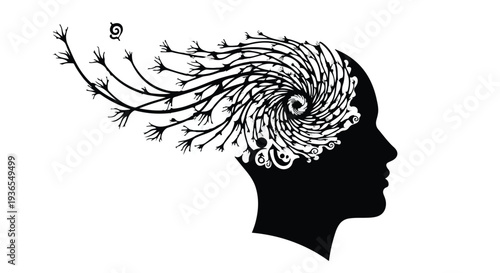Abstract profile silhouette with swirling organic patterns emerging from the head, symbolizing creativity or thought.