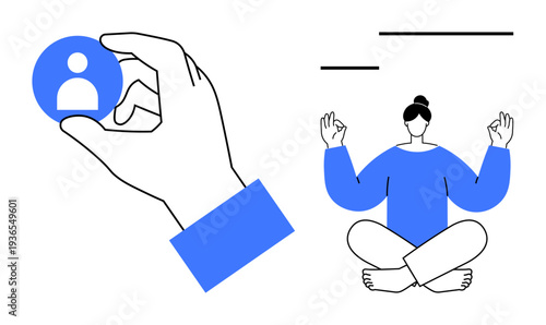 Digital identity, mindfulness, self-care, technology balance, wellness, self-improvement. A hand holds an icon of a user, and a person meditates. Digital identity and mindfulness visualization