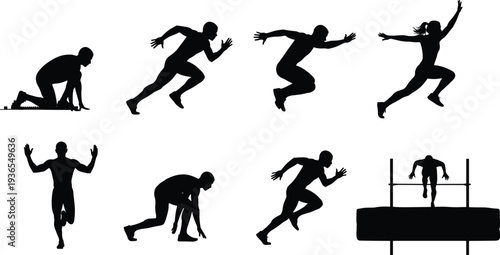 Large Collection of Track and Field Athlete Silhouettes Featuring Sprinters Starting Race Jumping Hurdles and Crossing Finish Line Isolated Vector