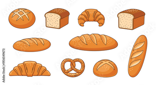 Collection of various types of fresh bread including baguette, croissant, pretzel, and round loaves in a warm golden color.