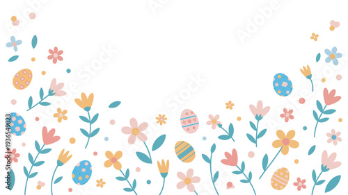 A colorful Easter-themed floral pattern with eggs and flowers on a white background