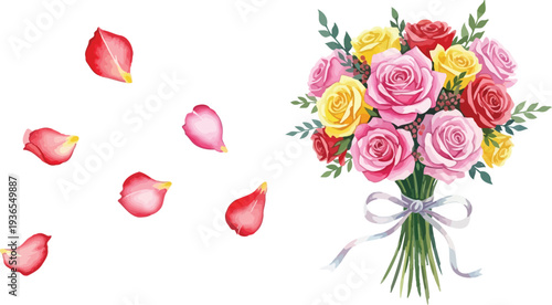 Romantic watercolor rose bouquet and scattered petals illustration vector set for greeting card design.