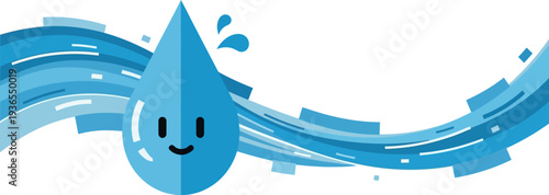 A cute cartoon droplet with a smiling face and blue wavy lines representing water flow, symbolizing purity and freshness