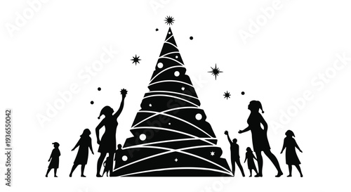 Family silhouettes decorating a glowing Christmas tree with ornaments and stars