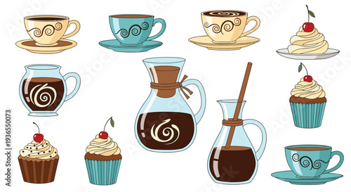 Assortment of delicious coffee drinks in cups and glass carafes alongside sweet cupcakes with cherries and whipped cream.