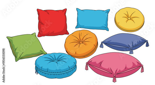 Set of diverse colorful floor cushions and pillows in various shapes and sizes for home interior decoration concepts.