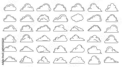 Large set of various cloud shapes in black line art style ranging from simple outlines to detailed fluffy clouds.