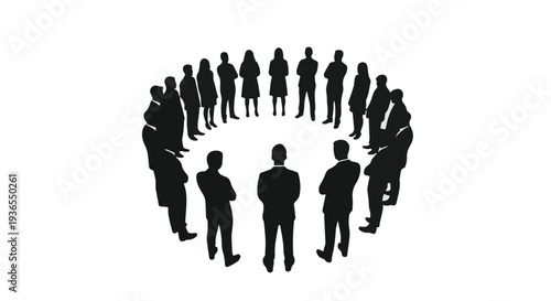 Diverse group of professionals standing in a circle, fostering collaboration and unity.