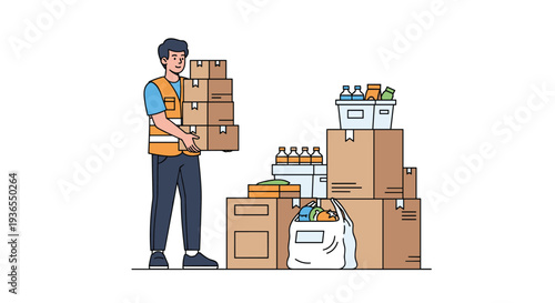 Male delivery worker in a safety vest carrying a stack of boxes and surrounded by groceries in a distribution center.