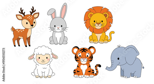Set of six cute baby animals including a deer, rabbit, lion, sheep, tiger, and elephant in a friendly cartoon style.