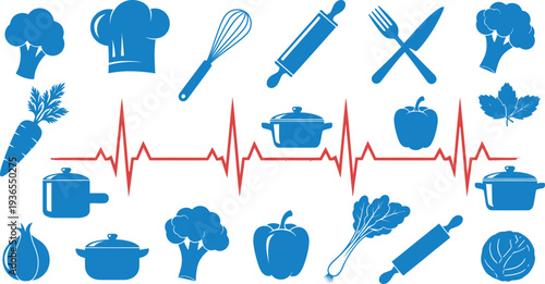 Healthy Eating and Cooking Icons Set with Heartbeat Line Illustration for Nutrition and Diet Concept Vector