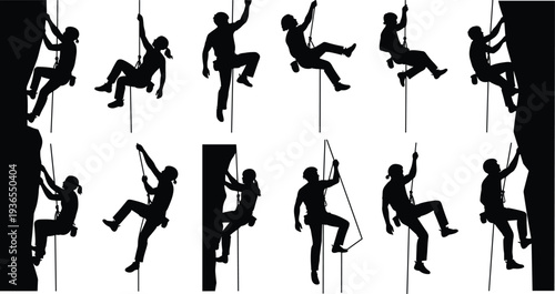 Large Set of Rock Climbing Silhouettes Featuring Male and Female Athletes Rappelling and Scaling Steep Cliffs Isolated on White Background