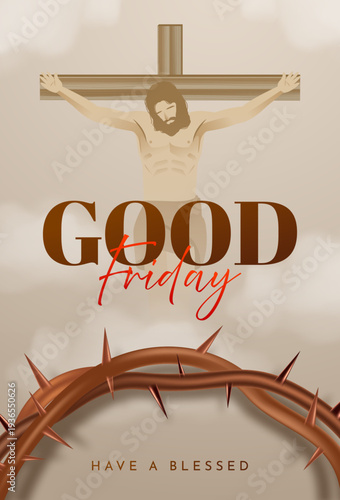 Good Friday Religious Poster with Crown of Thorns and Cross Symbol of Jesus Sacrifice Vector Illustration 