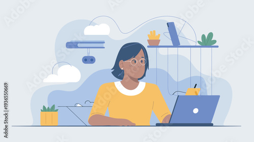 A woman sits at a desk with a laptop and potted plants in a modern workspace with a creative atmosphere