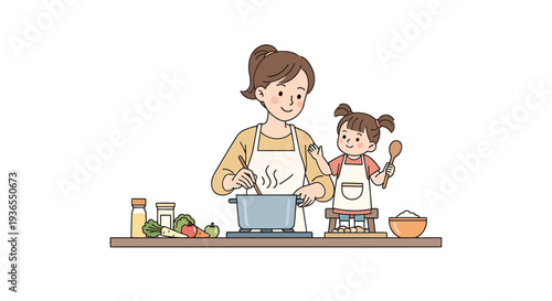 Vector illustration of mother and child cooking together