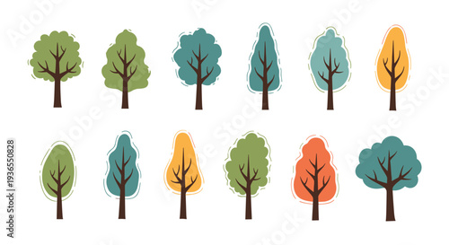 Set of stylized trees with different canopy shapes and autumn colors arranged in two rows for environmental and nature projects.