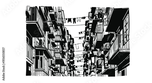 Narrow urban alleyway with balconies and laundry hanging between buildings