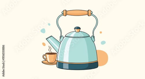 Classic light blue tea kettle with a wooden handle standing next to a steaming cup of tea on a minimalist cream background.