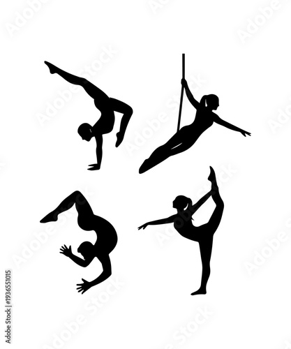 Woman silhouettes set performing an aerial acrobatic exercises with a suspended rope