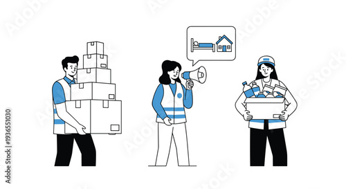 Team of volunteers in blue vests providing aid including food boxes and shelter information to help people in need.