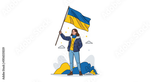 Brave young woman standing outdoors and proudly holding the blue and yellow national flag of Ukraine against a symbolic background.