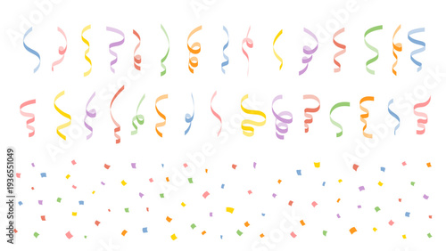 Colorful confetti and spiral ribbon celebration vector elements