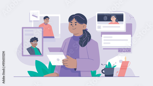 A woman in a purple shirt is working on a laptop with various digital screens and people in the background