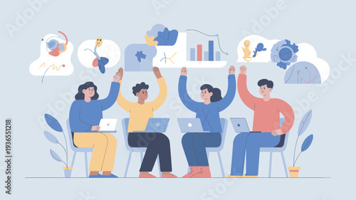 A diverse group of people celebrating success with laptops and graphs in a collaborative workspace