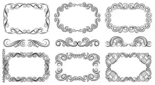 Set of elegant black and white ornamental frames and decorative borders with intricate scrollwork and vintage flourishes.