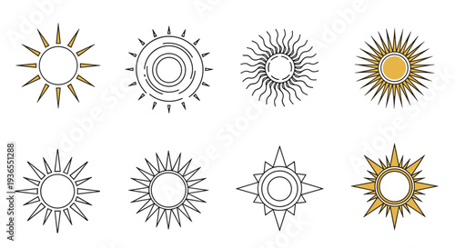 Collection of various sun icons and celestial symbols in gold and black line styles representing energy and morning light.