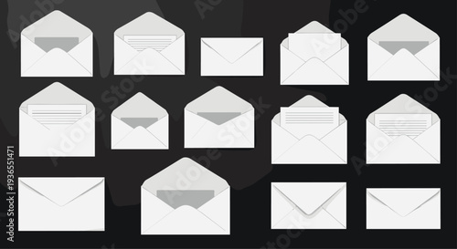Array of white envelopes in various states of being open and closed some containing letters on a dark textured background.
