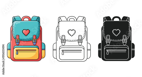 Stylish backpack shown in three different versions including full color line art and solid black silhouette for versatile use.