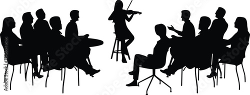 Violinist performing for audience silhouettes, live music performance scene, people watching concert, classical violin entertainment, cultural event illustration
