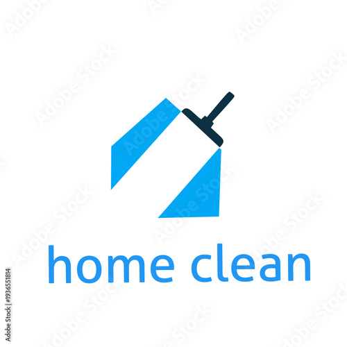Modern house cleaning service logo featuring a blue home silhouette and squeegee tool. Professional minimalist design representing residential hygiene, sanitation, and domestic maintenance services