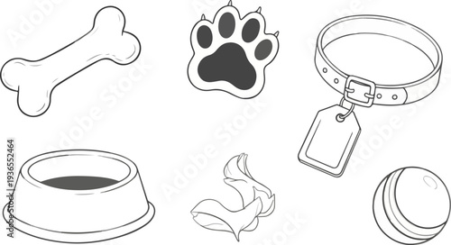 Collection of pet care line icons featuring dog bone bowl paw print collar and ball for animal lovers and vet clinics