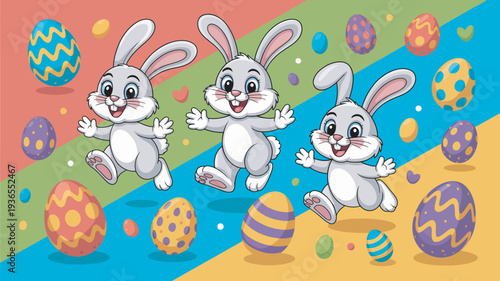 Three cartoon bunnies jumping happily amidst colorful Easter eggs on a vibrant background